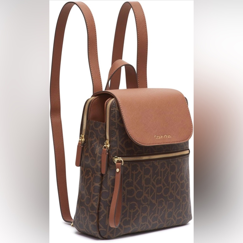 Calvin Klein Brown Monogram Backpack with Tan Flap